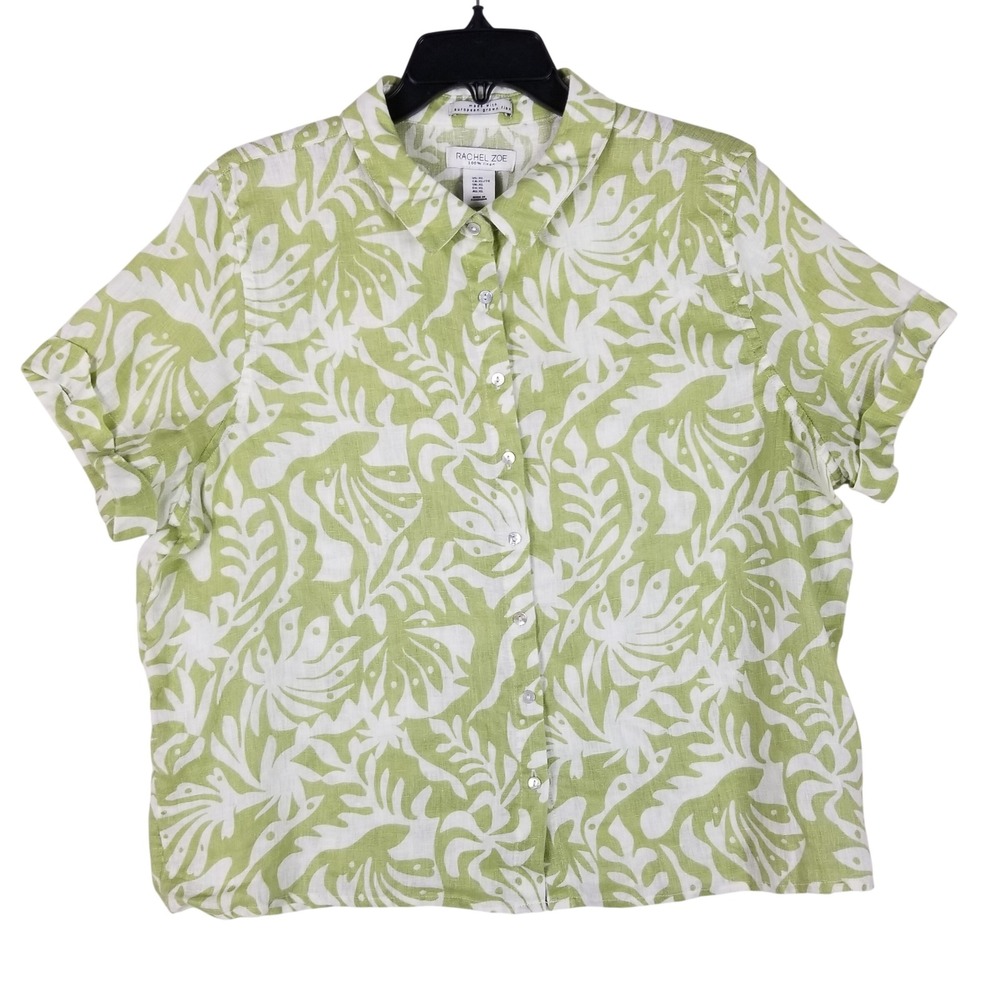 Rachel Zoe Button Down Shirt Womens XL Green White Linen Tropical Leaf Short Slv
